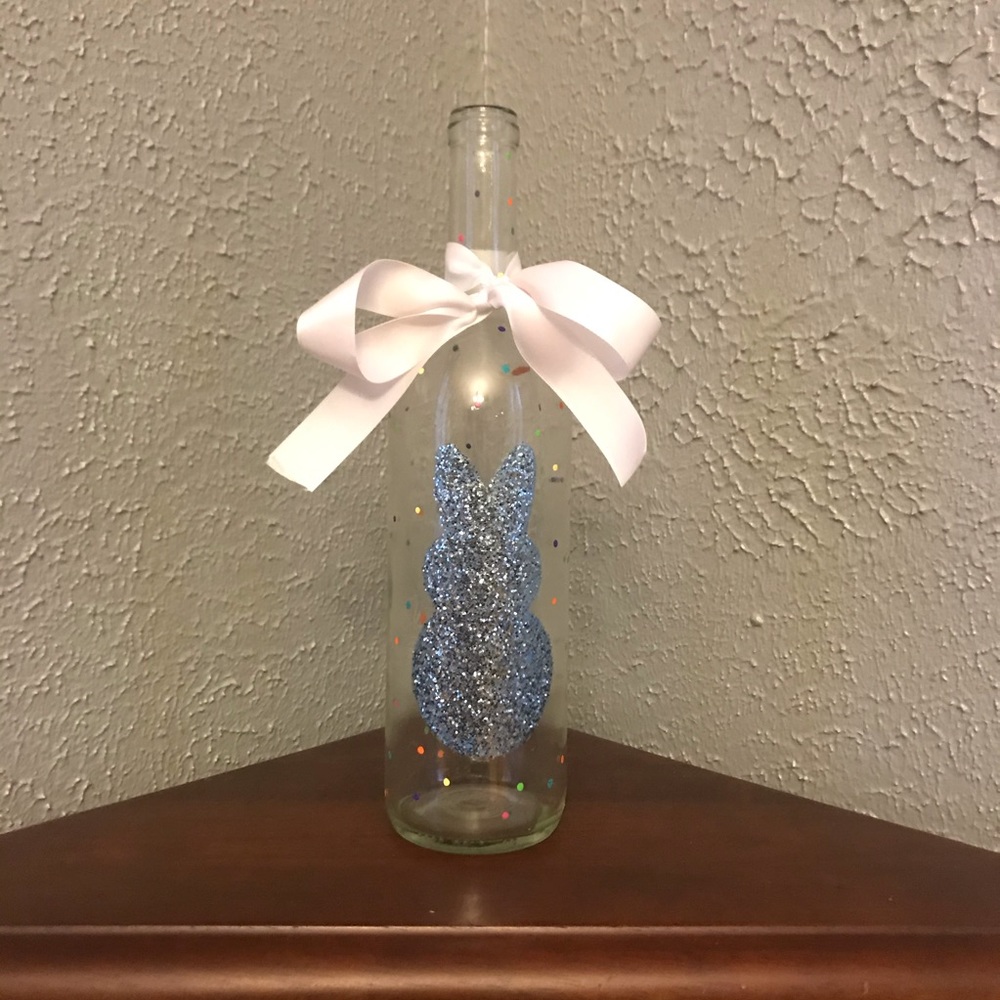 Blue Glitter Bunny Hand Painted Wine Bottle